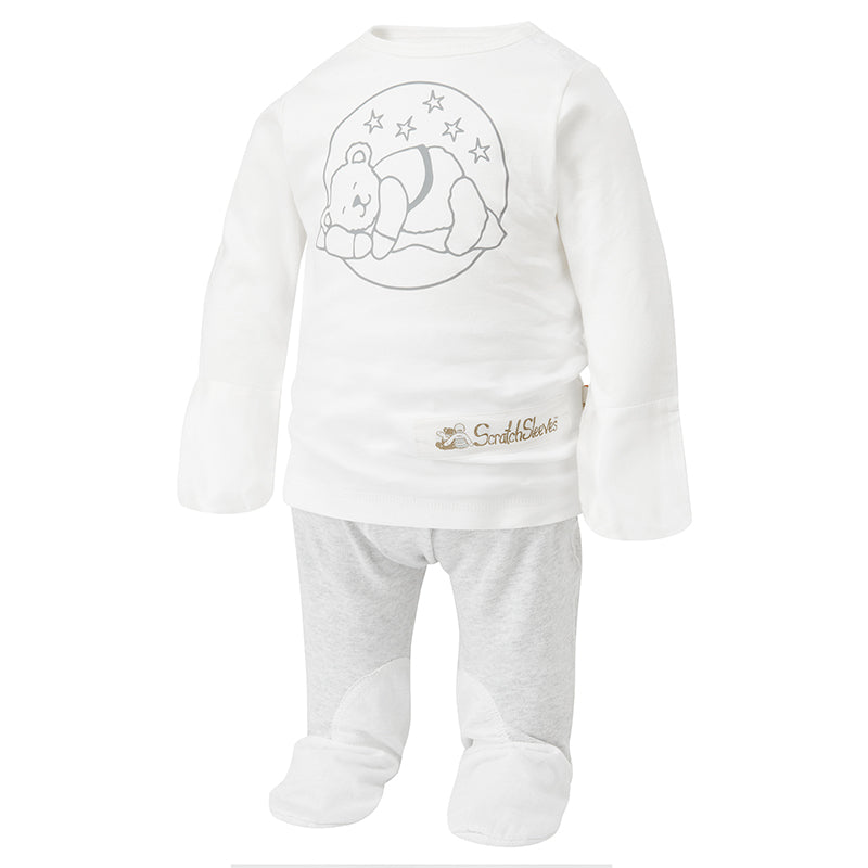 Cute teddy print eczema PJs with silk mitts and closed feet