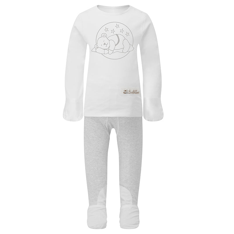 Cute teddy print eczema PJs with silk mitts and closed feet