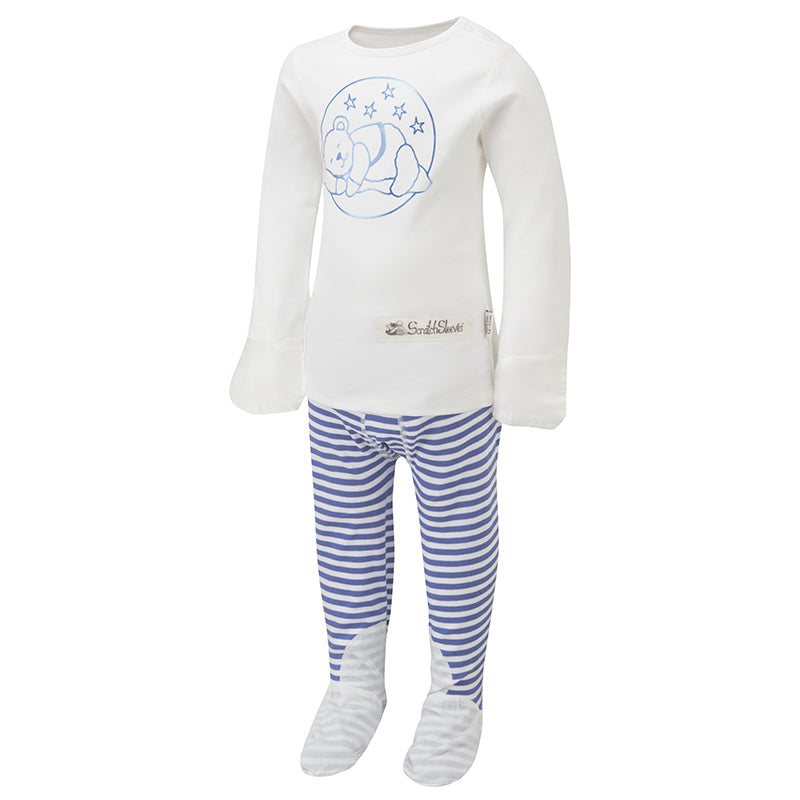 Cute teddy print eczema PJs with silk mitts and closed feet