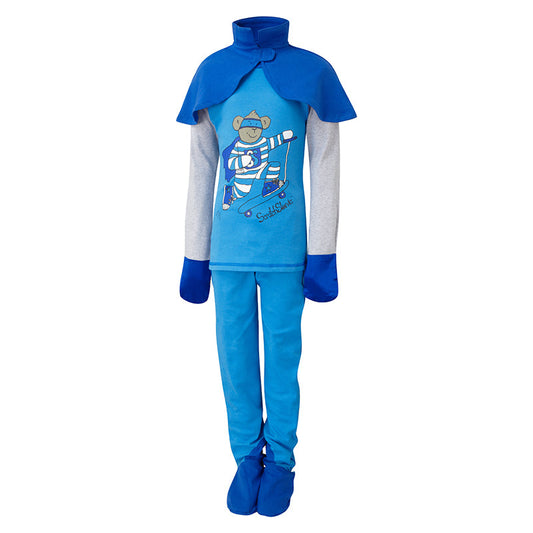 Eczema PJ sets with silk mitts, enclosed feet and fun superhero print