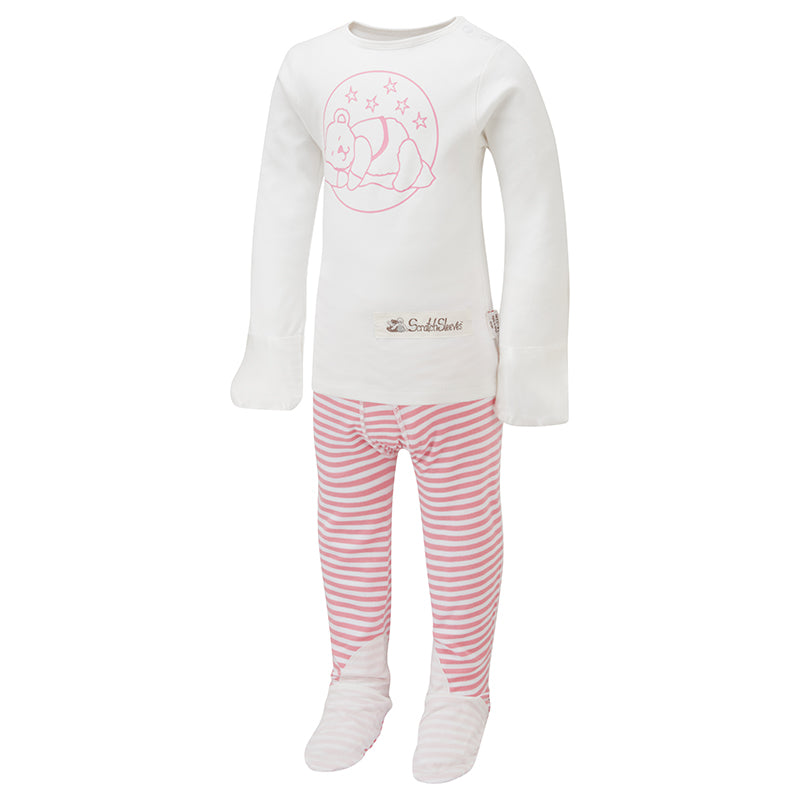 Cute teddy print eczema PJs with silk mitts and closed feet