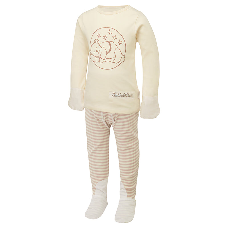 Cute teddy print eczema PJs with silk mitts and closed feet